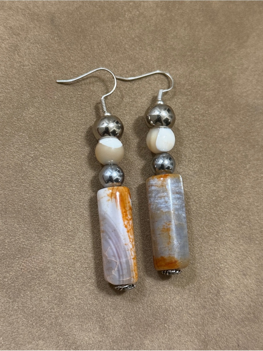 Handcrafted Cream and Orange Agate Drop Earrings